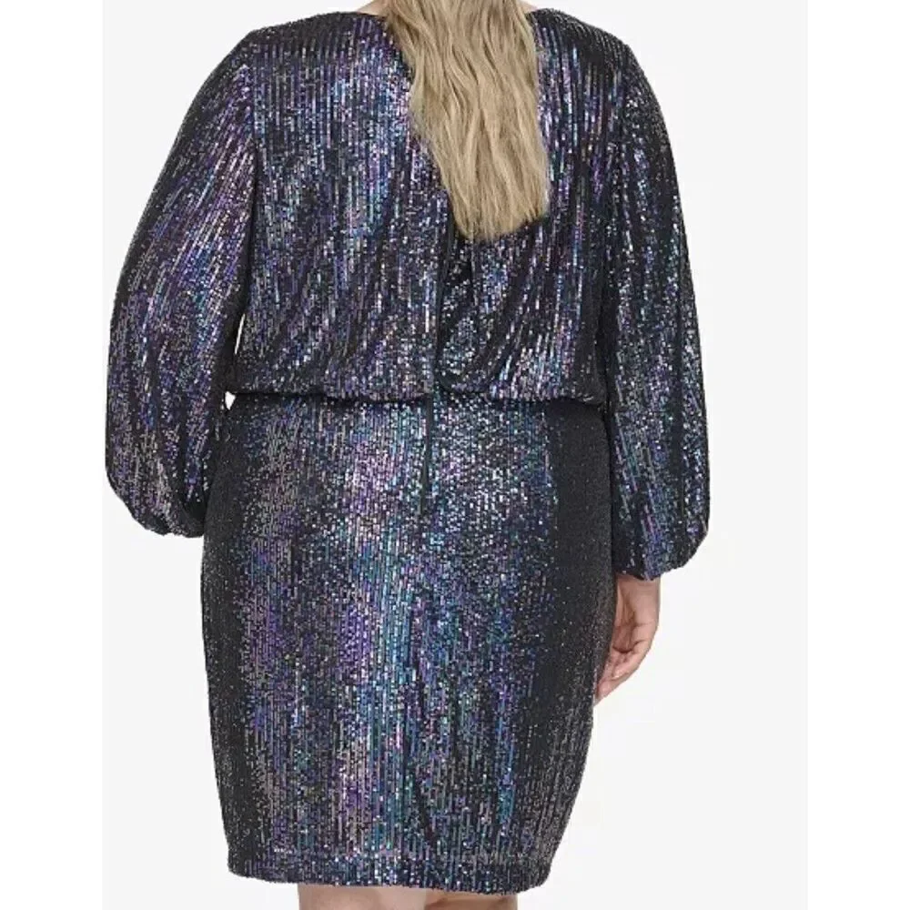 Eliza J Women's Cocktail Dress Size 8 Black Multi Sequined 3/4 Ballon Sleeve - Picture 2 of 8
